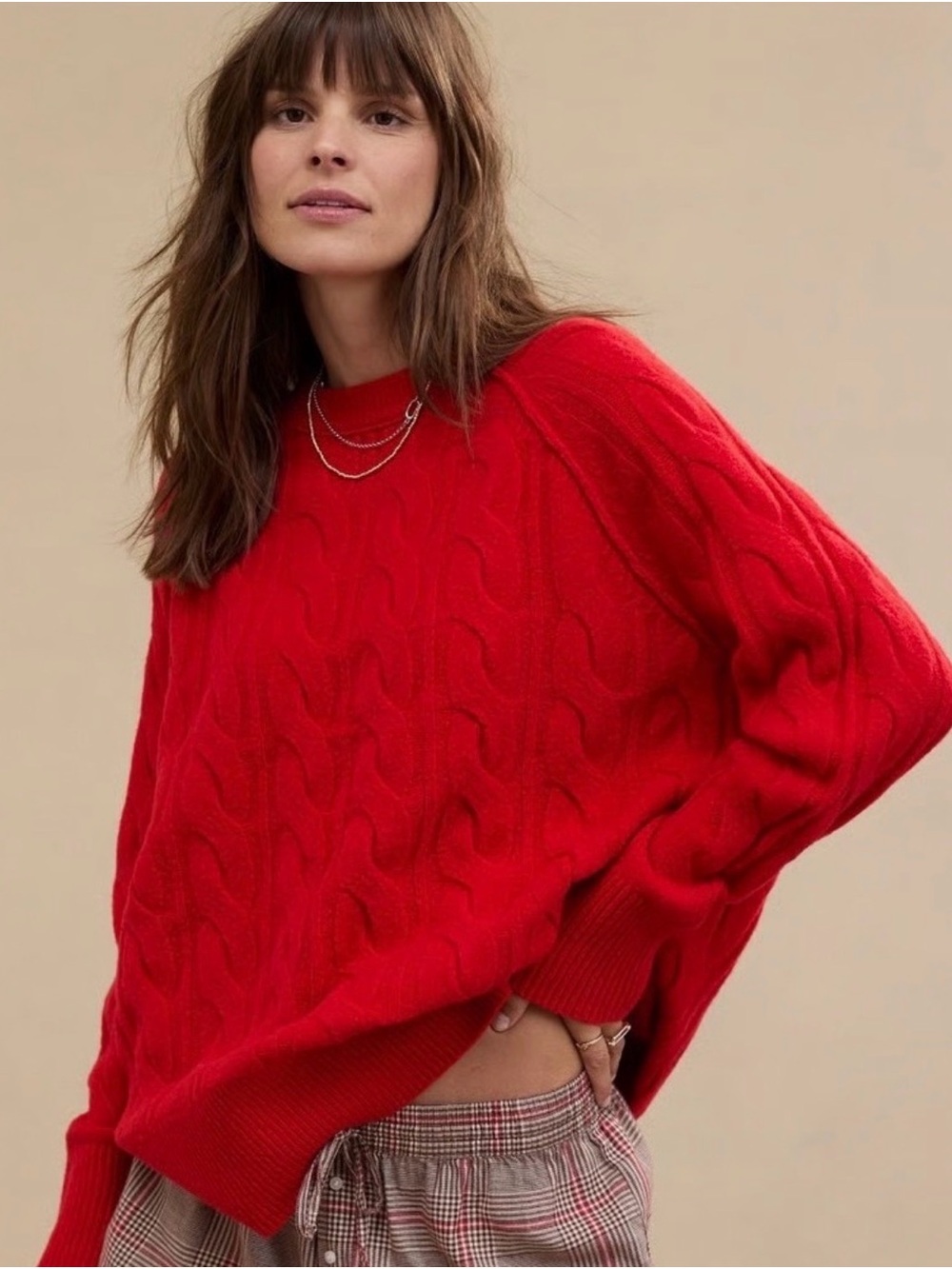 aerie Red Cable Knit Crewneck Sweater